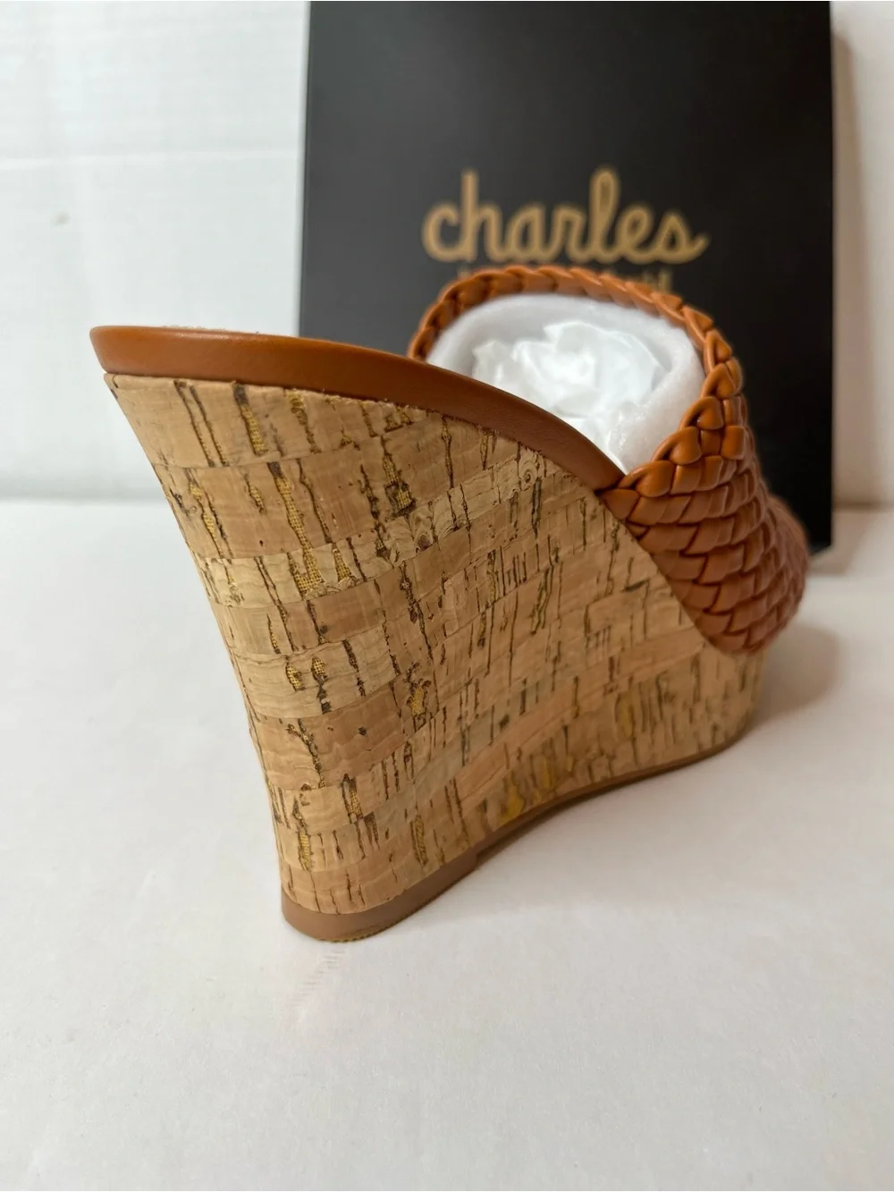 Charles David Lolli Cognac Woven Leather Cork Wedge Slide, new in box size 10